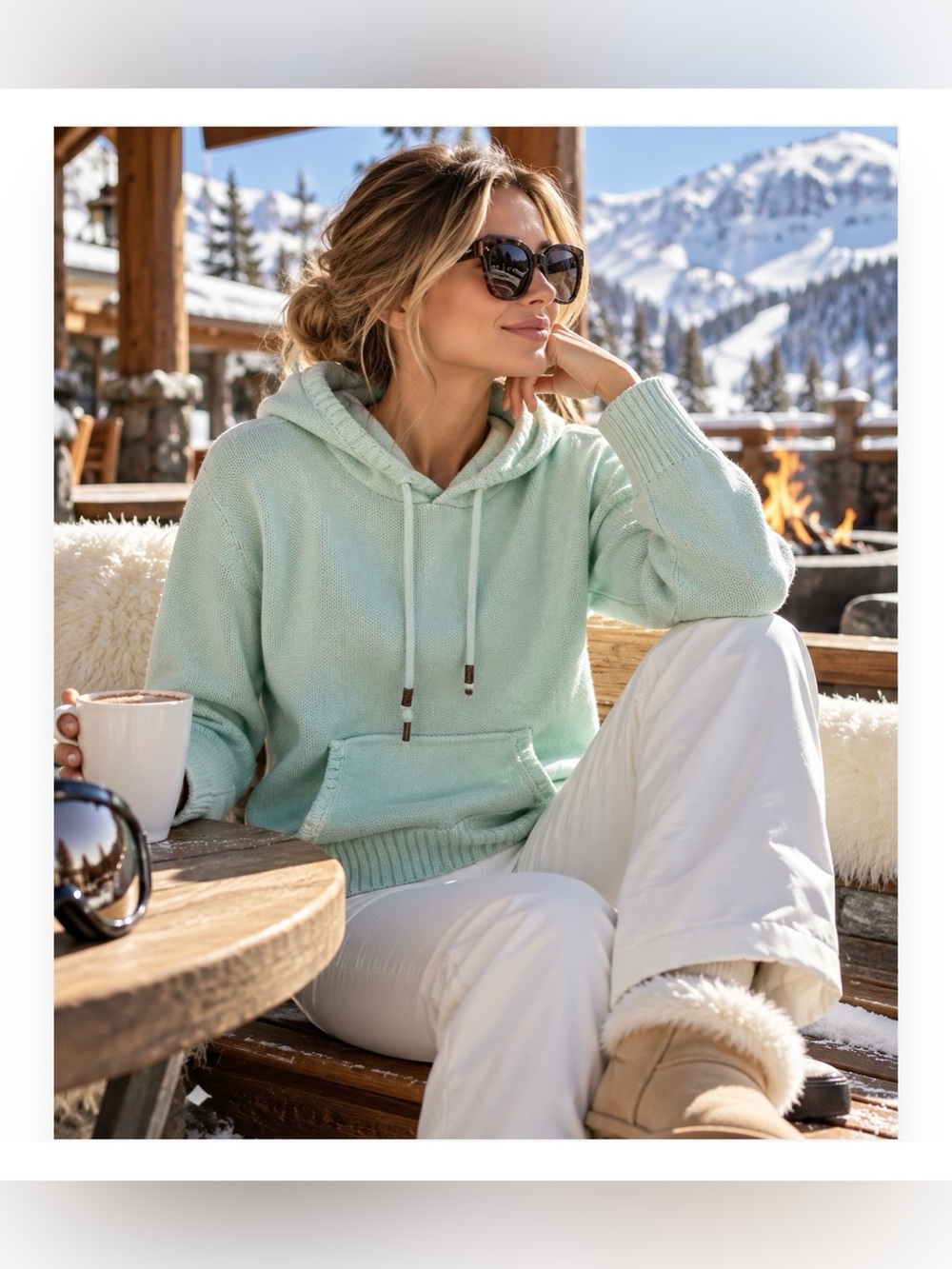 Burton Pale Aqua Icy Mint Knit Hoodie Sweater Back Graphic Kangaroo Pocket Sz M